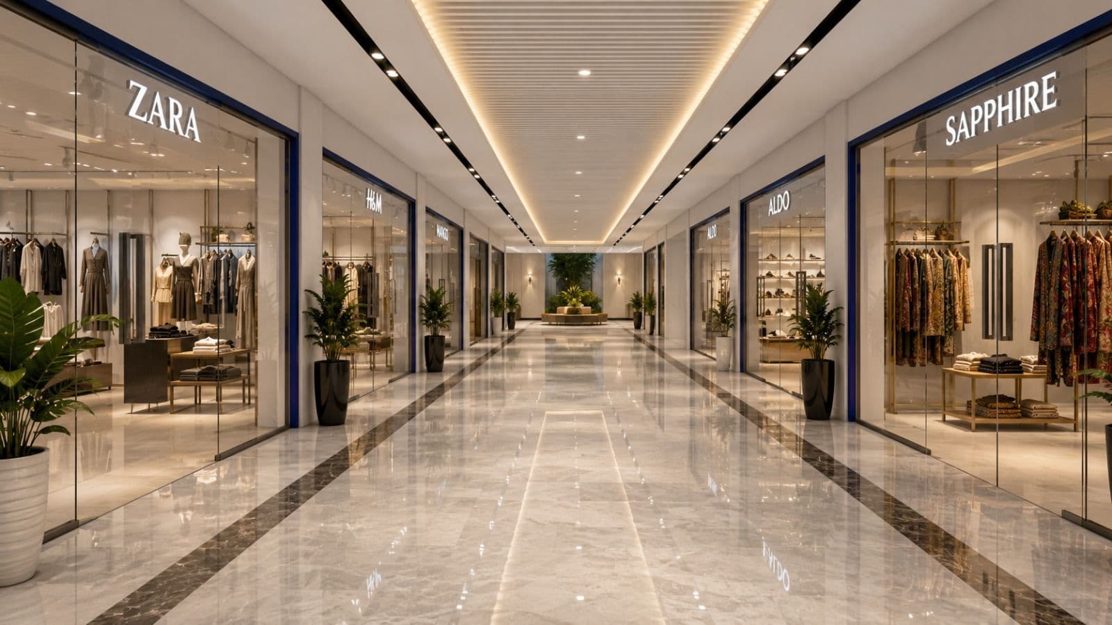 Retail corridor — Zara, H&M, Aldo, Sapphire